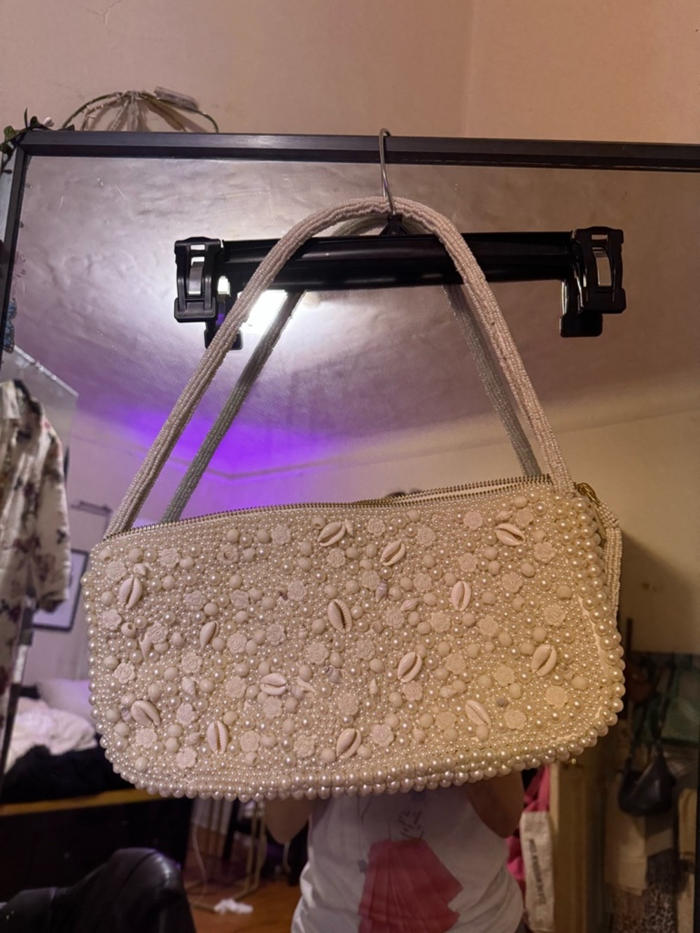 Beaded Shell-Embellished Cream Shoulder Bag